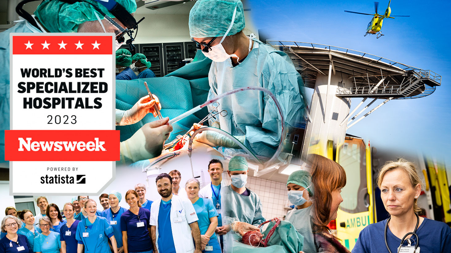 En collage af billeder fra Hjertesygdomme samt logoet for Newsweeks rangering af World's Best Specialized Hospitals